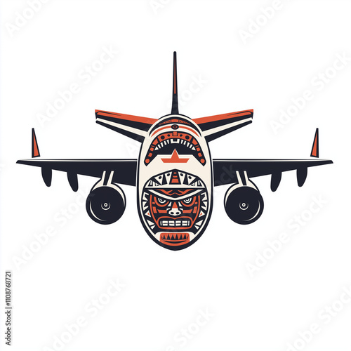 Commercial airplane with Aztec symbols flying overhead vector logo, AI Generated


