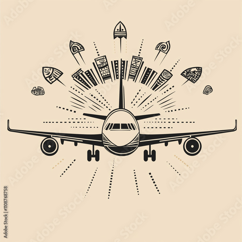 Commercial airplane with Aztec symbols flying overhead vector logo, AI Generated


