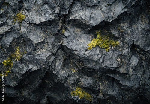 Close-Up of Dark Textured Rock Surface with Natural Green Moss and Lichen, Highlighting Unique Patterns and Colors in a Natural Environment photo