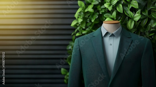 Eco Friendly Green Suit on Mannequin near Greenery photo