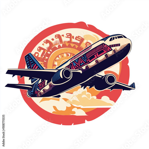 Commercial airplane with Aztec symbols flying overhead vector logo, AI Generated


