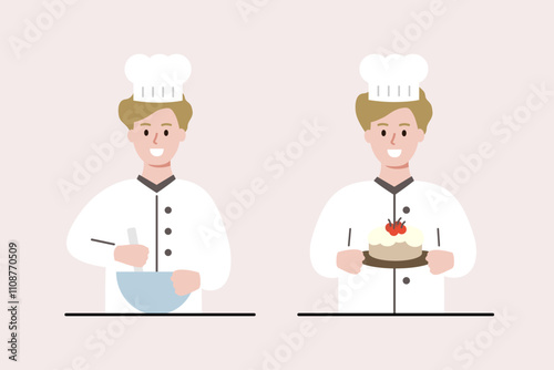 Happy chef boy mixing ingredient with bowl. Child baking dessert cake. Homemade cooking, leisure activity, childhood concept. Flat people character vector design illustration.