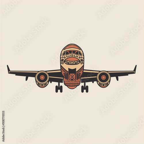Commercial airplane with Aztec symbols flying overhead vector logo, AI Generated


