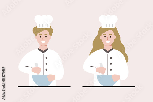 Happy chef boy and girl mixing ingredient with bowl. Children wearing chef hat and uniform preparing food. Cooking, leisure activity, childhood concept. Flat character vector design illustration.