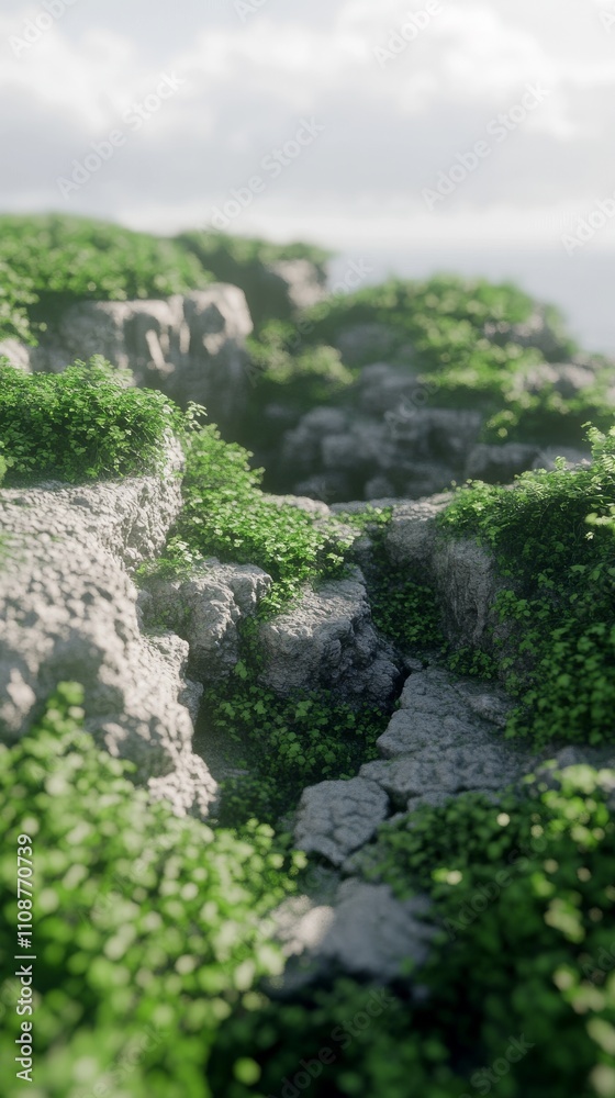 Obraz premium A serene landscape of lush greenery enveloping rocky terrain under soft sunlight.