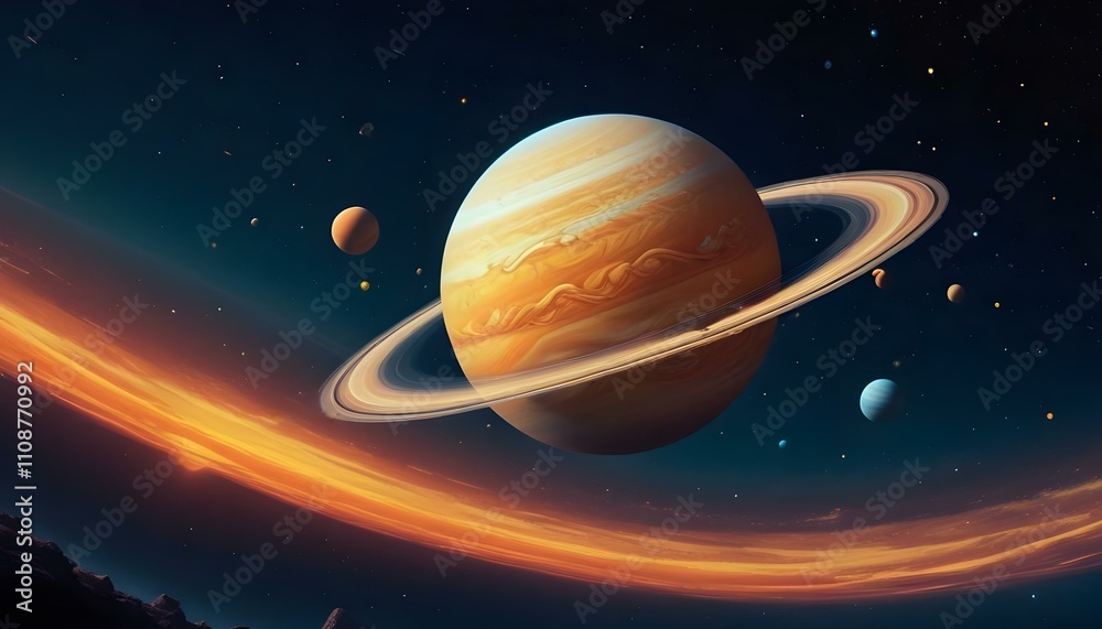 Naklejka premium Una colorida ilustración que representa un planeta gigante gaseoso con anillos rodeados de planetas o lunas más pequeños en un cielo nocturno estrellado