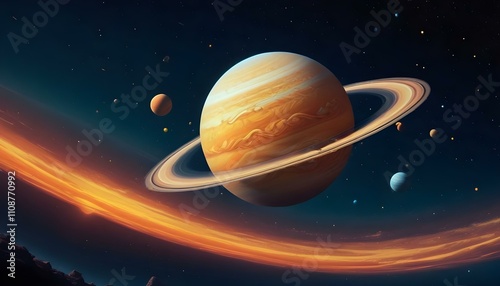 Una colorida ilustración que representa un planeta gigante gaseoso con anillos rodeados de planetas o lunas más pequeños en un cielo nocturno estrellado