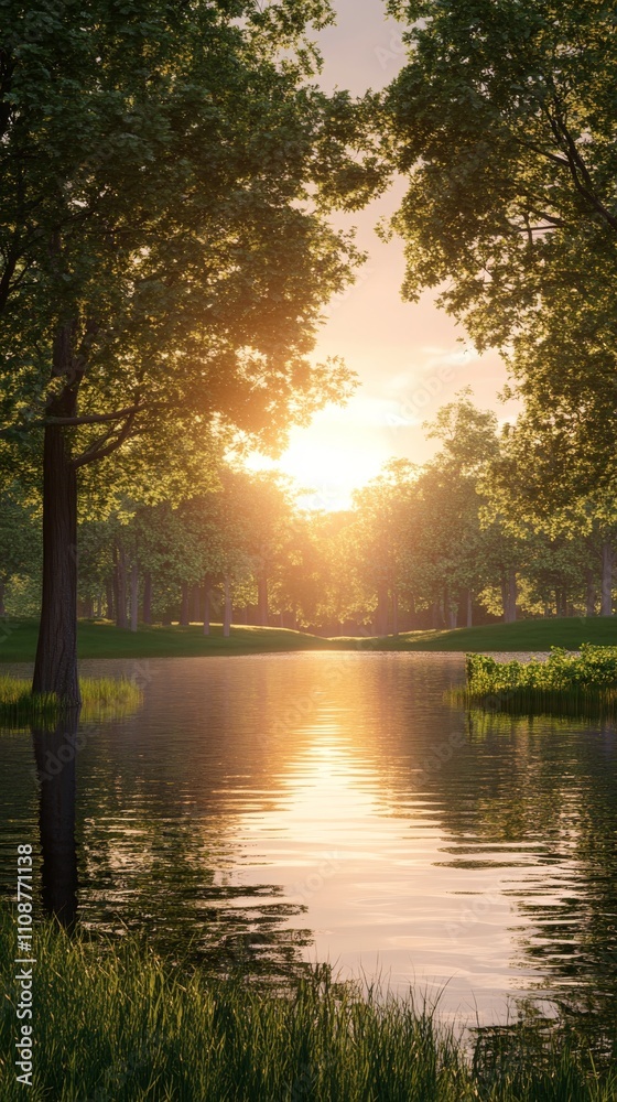 Obraz premium A serene sunset over a calm lake surrounded by lush trees, evoking peace and tranquility in nature.