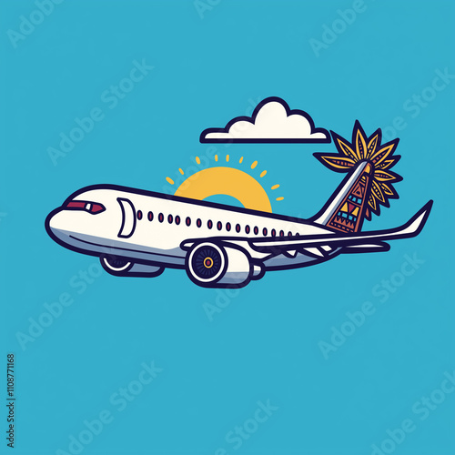 Commercial airplane with Aztec symbols flying overhead vector logo, AI Generated



