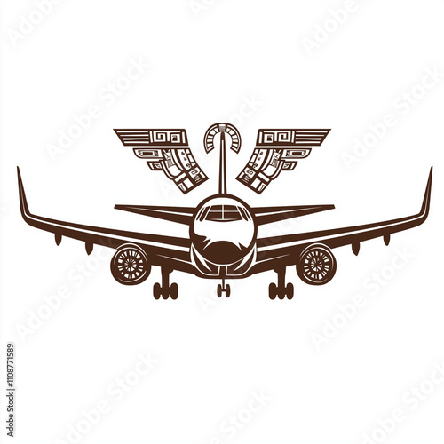 Commercial airplane with Aztec symbols flying overhead vector logo, AI Generated



