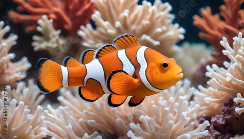 Un primer plano de un vibrante pez payaso naranja y blanco nadando en un acuario con un fondo borroso