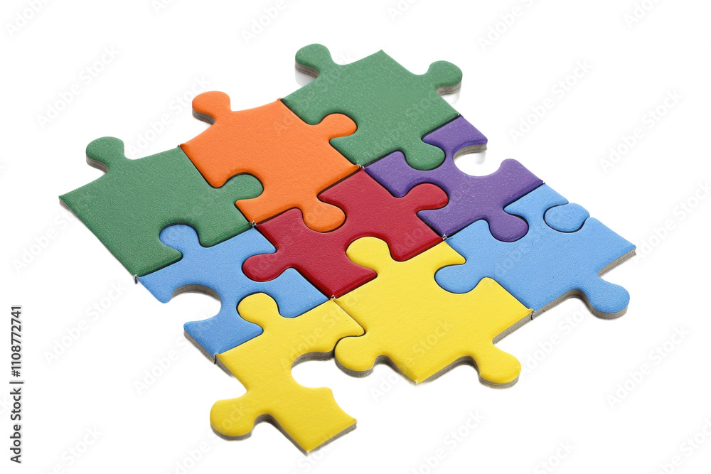 Colorful puzzle pieces arranged in a playful manner on a white background highlighting creativity and problem-solving skills Colorful puzzle pieces arranged in a playful manner on a white background highlighting creativity and problem-solving skills