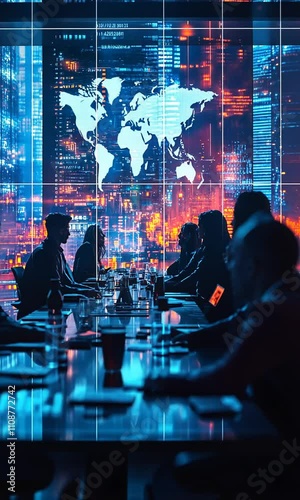 A High-Tech Business Meeting Illuminated by a Futuristic Cityscape Background and World Map Visualization