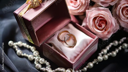 box with wedding rings and roses