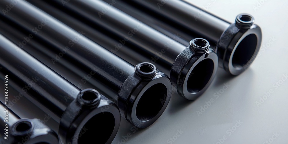 Fototapeta premium Row of black pipes with a black cap on the end