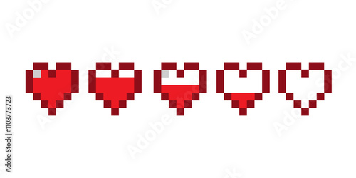 Life level,game progress bars, 8-bit indicators of health, life level charts measurement.pixel art 8 bit health.heart bar.Pixel hearts game life bar.Valentine's Day.
