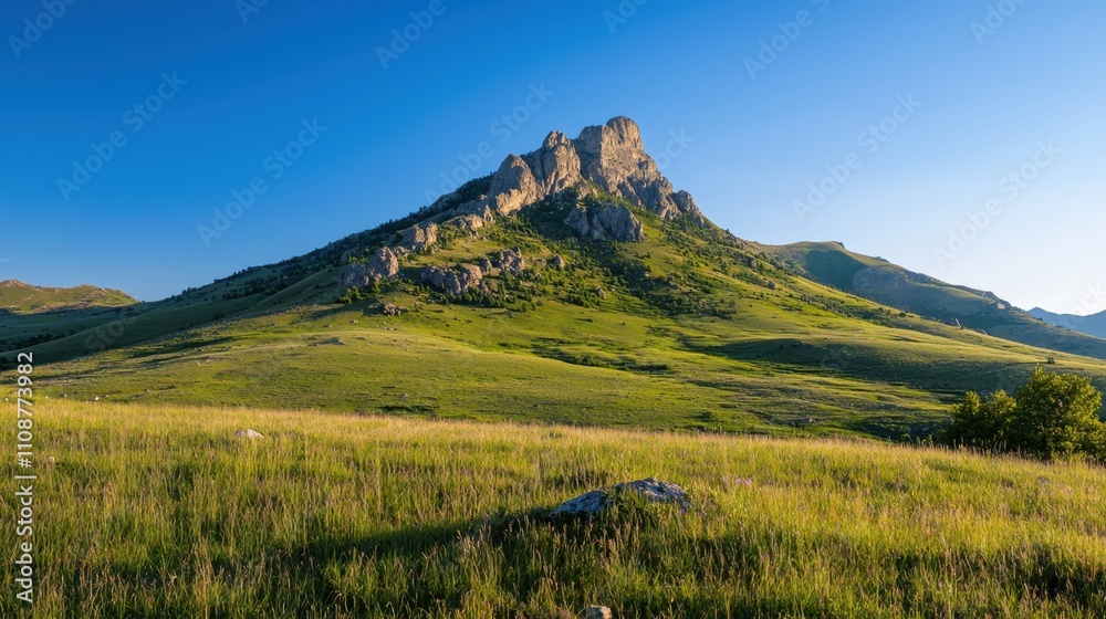 Obraz premium A mountain with a green hillside and a clear blue sky