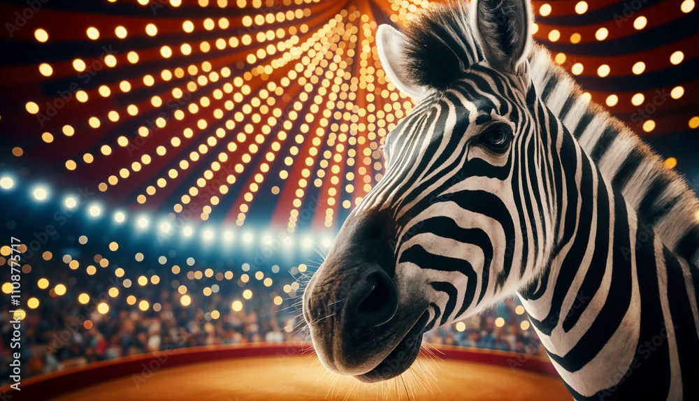 Fototapeta premium A zebra illuminated under dazzling circus lights in a vibrant arena