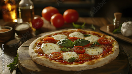 Delicious Margherita pizza, and ingredients on wooden table. with blur background style