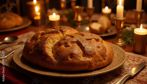 Traditional Epiphany bread served with candles in a cozy setting photo