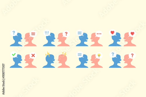 Couple man and woman having conversation collection. Communication, problem, challenge, relationship, argument, solution concepts. Flat people character vector design isolated illustration.
