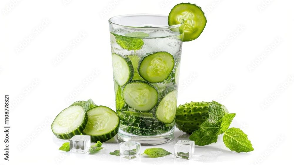 Fototapeta premium A tall glass of cucumber-infused water with ice cubes, isolated on white background