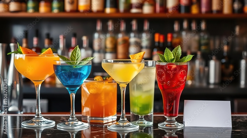 Colorful Glassware and Leaf-Shaped Garnishes on a Mixology Bar, home bar, leaf shaped garnishes Colorful Glassware and Leaf-Shaped Garnishes on a Mixology Bar, home bar, leaf shaped garnishes
