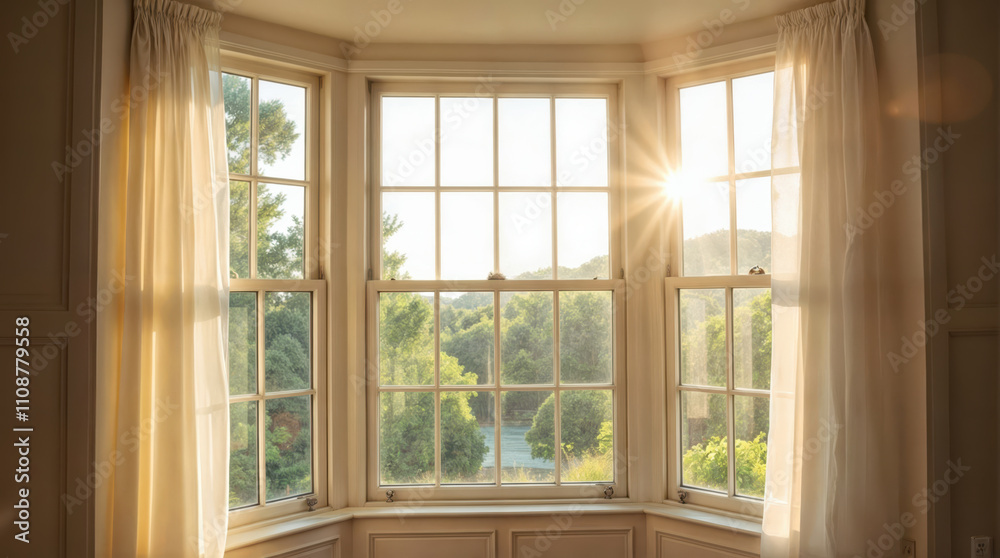 Fototapeta premium Sunlit Bay Window with White Curtains and Garden View at Golden Hour, Peaceful Interior Design with Natural Light Streaming through Traditional Windows