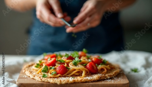 person slicing tomato sandwich