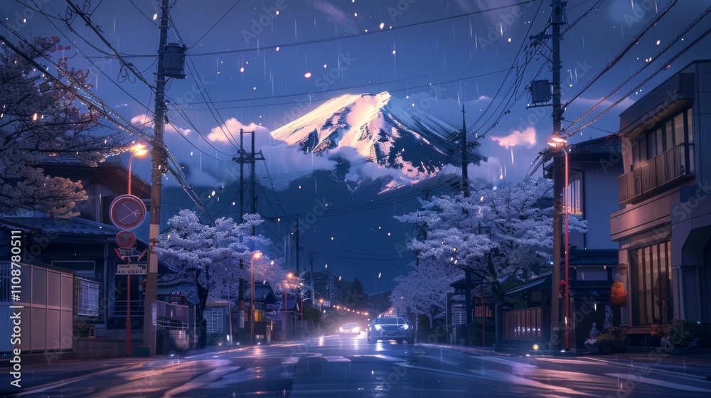 Fototapeta premium A rainy street at sunset with Mount Fuji in the background, illuminated by streetlights and reflections on wet pavement, creating a serene and picturesque scene.
