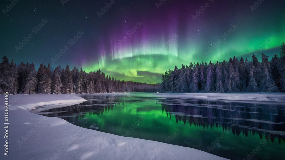 Fototapeta premium A vibrant aurora glowing over a serene frozen lake surrounded by snow-covered trees. Gradient waves of green and purple light dance across the sky, reflecting on the ice below. A magical and tranquil 