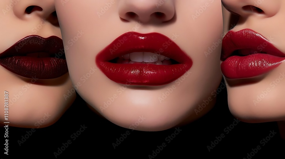 Fototapeta premium Close-up of three women's lips with different shades of red lipstick.