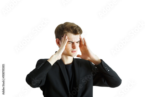 Man in asuit touching his temples, showing discomfort. Closeup style on white background. Concept of stress, headache, or tension photo