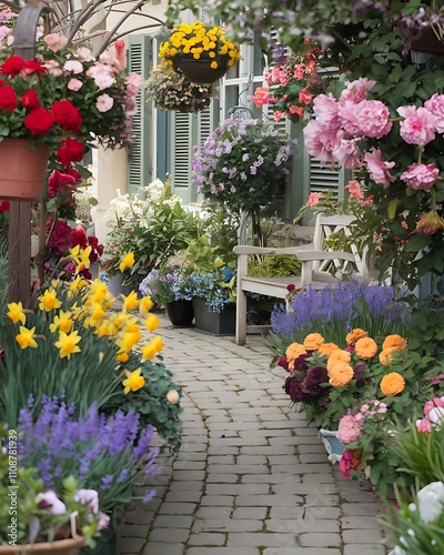 Vibrant Garden Path with Colorful Flowers and Quaint Bench