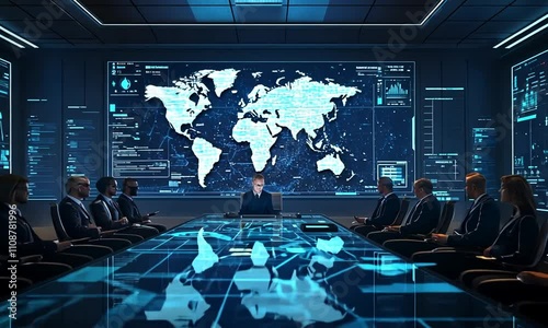 Group of Business Professionals Engaged in a Strategic Meeting in a Modern Conference Room with High-Tech Projections