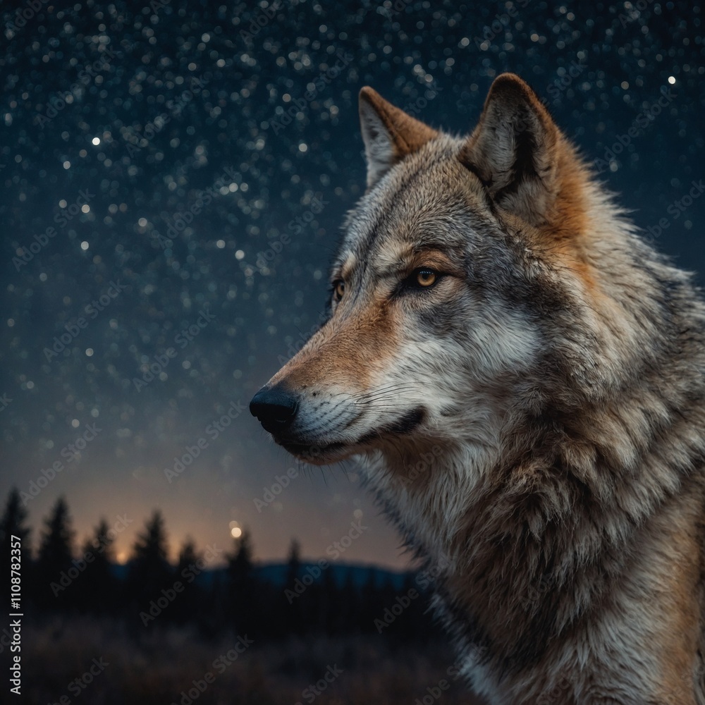 Fototapeta premium Write about a wolf with shimmering fur under a starlit sky.