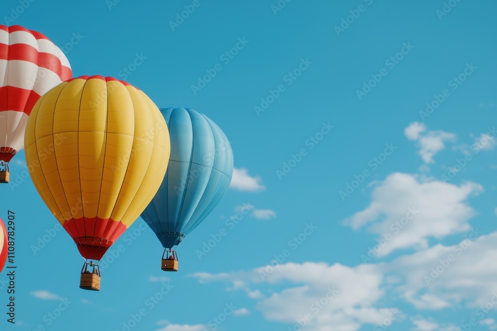 Fototapeta premium A group of hot air balloons are flying in the sky, with one of them being yellow