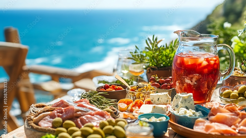 Fototapeta premium A Mediterranean table by the sea, featuring a spread of olives, feta cheese, fresh fish, and a pitcher of sangria, with a picturesque coastal view
