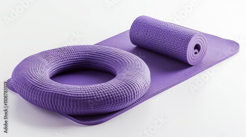 A yoga mat with a rolled-up neck pillow beside it, isolated on white background photo