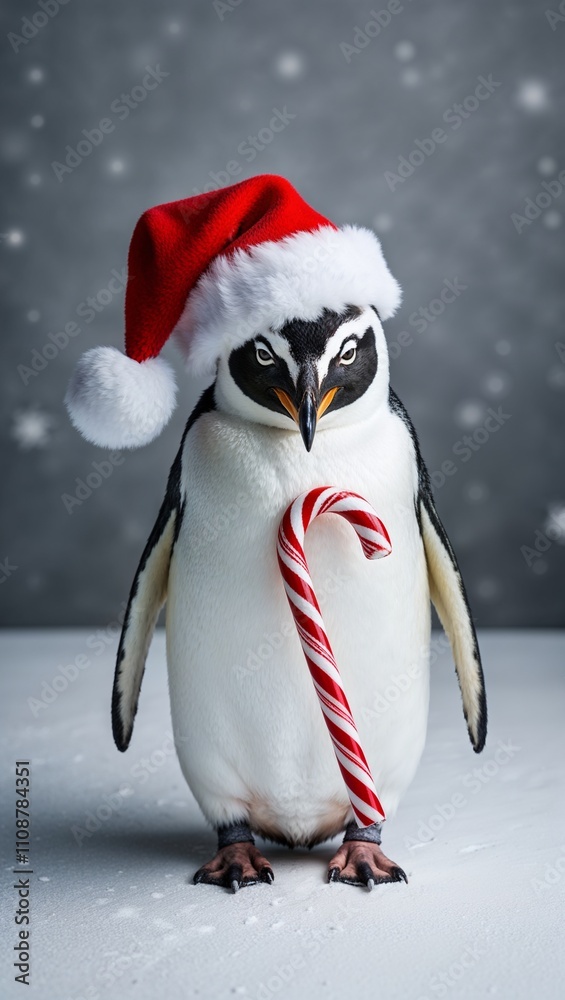 penguin wearing a Santa hat and holding a candy cane penguin wearing a Santa hat and holding a candy cane