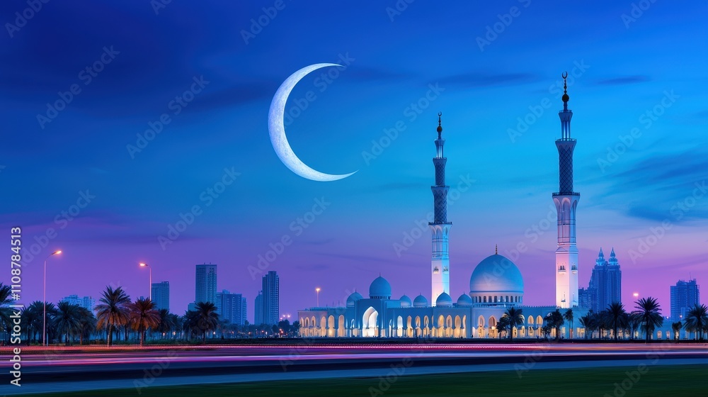 Obraz premium Crescent Moon over Mosque City Skyline at Dusk Islamic Ramadan Spiritual Night