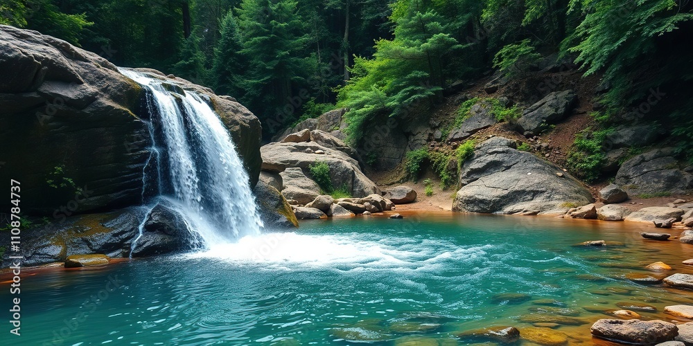 Naklejka premium Water cascades down a rocky slope into a crystal-clear pool in the heart of a dense forest, flowing water, rocky waterfall