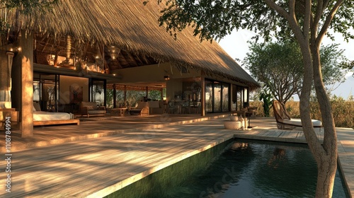 Luxury safari lodge hotel, thatched roof, open-air design, African savanna views,