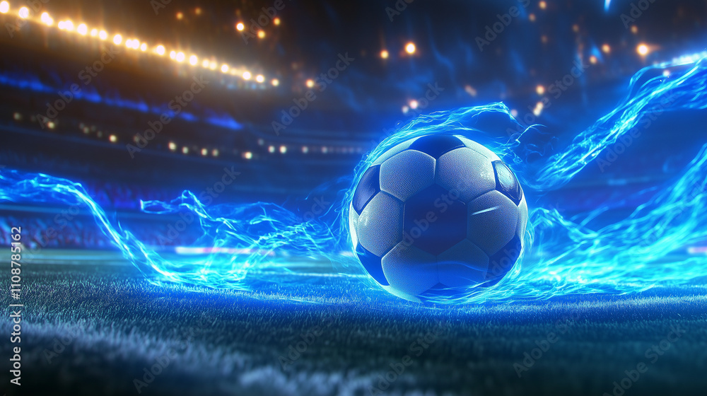 Fototapeta premium A soccer ball emits electrifying blue energy trails in the center of a brightly lit stadium during a night match.
