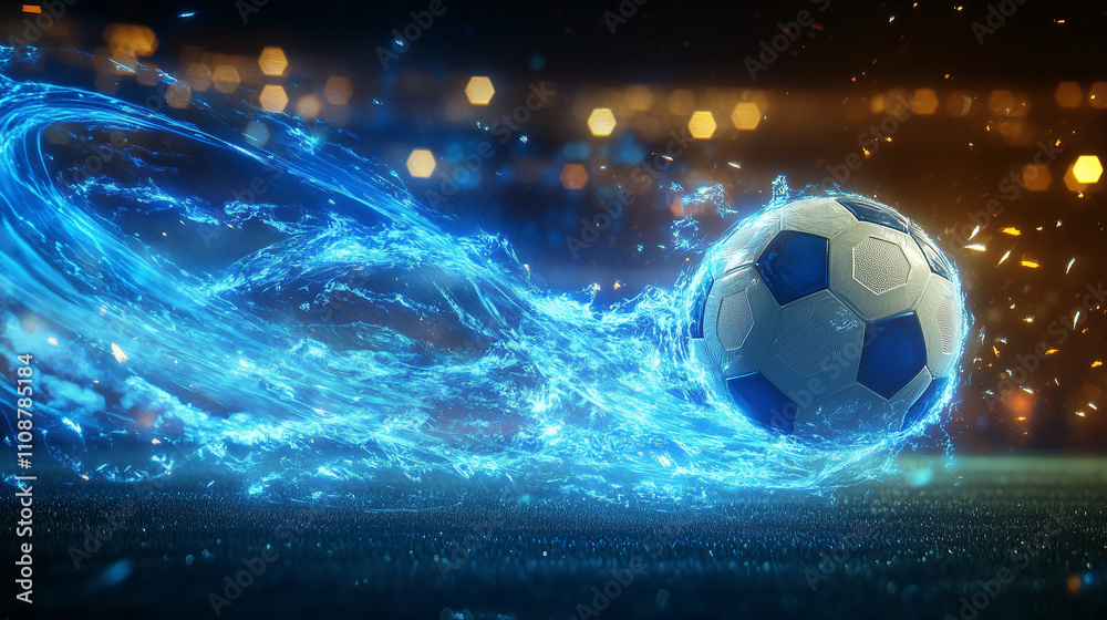 Fototapeta premium A soccer ball emits vibrant blue energy trails as it moves dynamically across a stadium field under glowing lights.