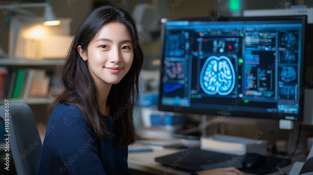 focused woman smiles while analyzing brain scans on computer screen focused woman smiles while analyzing brain scans on computer screen
