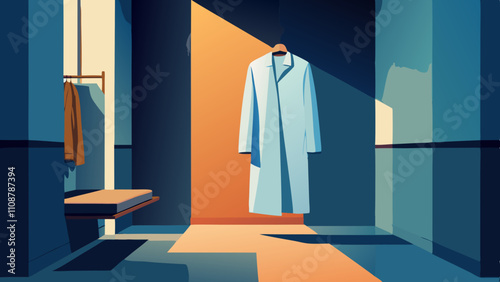 Hospital gown hanging on hook in quiet corridor at dawn