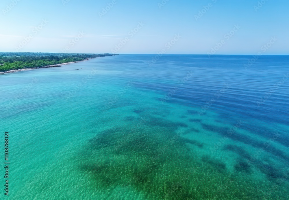 Obraz premium Expansive azure sea under a clear sky, showcasing gentle waves and lush green coastline on a bright sunny day, perfect for travel and nature photography.