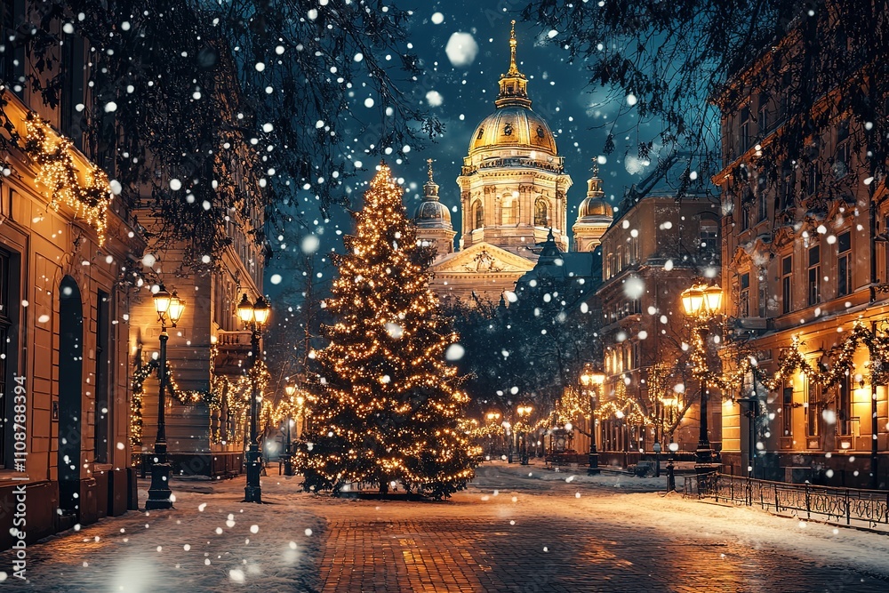 Fototapeta premium Aerial voew of decorated and illuminated Christmas tree and Market on Town Hall Square or Raekoja plats at snowy night, Tallinn, Estonia. 