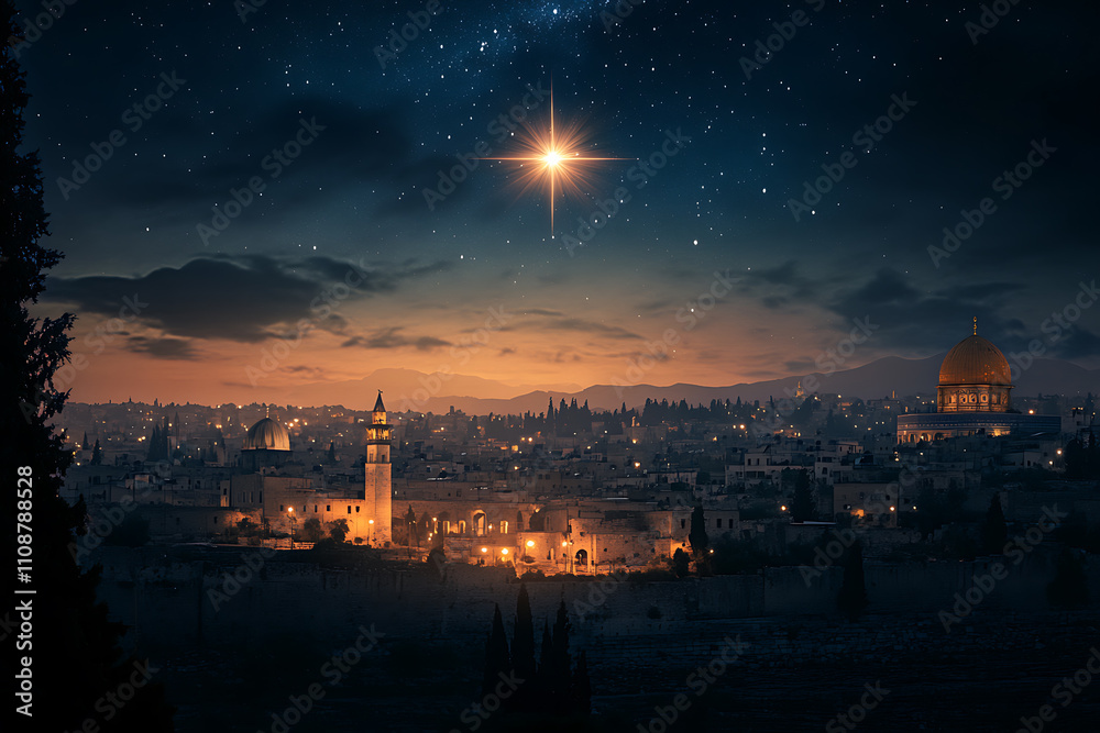 Majestic night scene of Bethlehem under the Star of Bethlehem, symbolizing hope, guidance, and divine presence Majestic night scene of Bethlehem under the Star of Bethlehem, symbolizing hope, guidance, and divine presence
